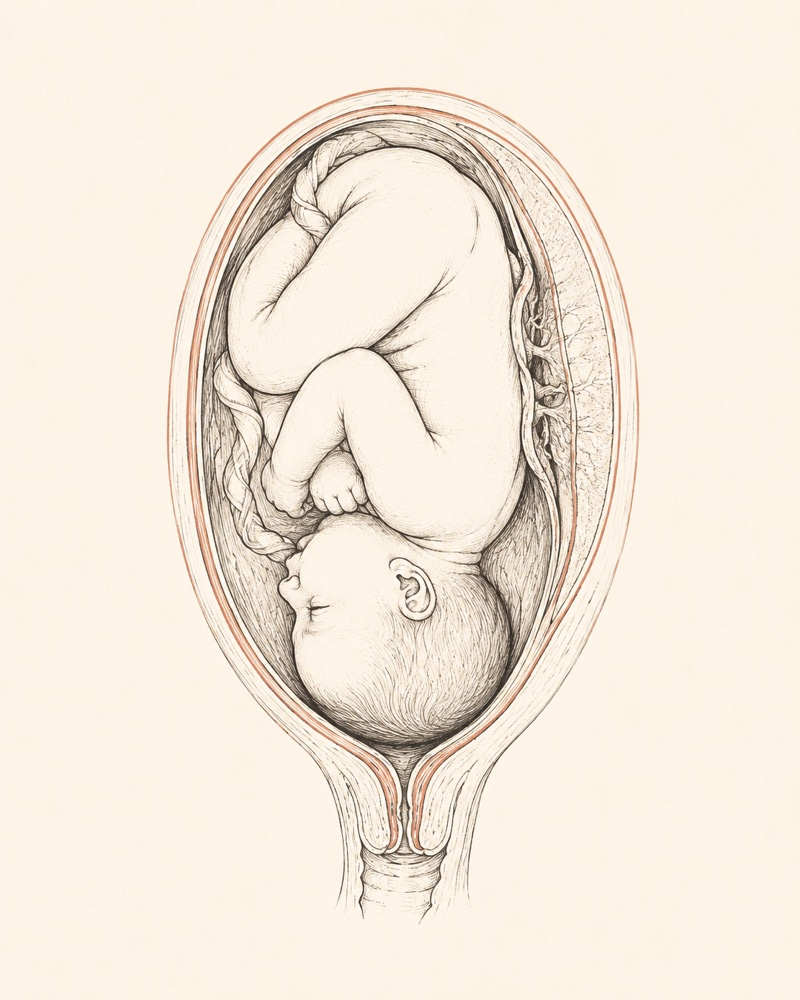 Hand-drawn anatomical sketch of a baby in utero, head down, third trimester